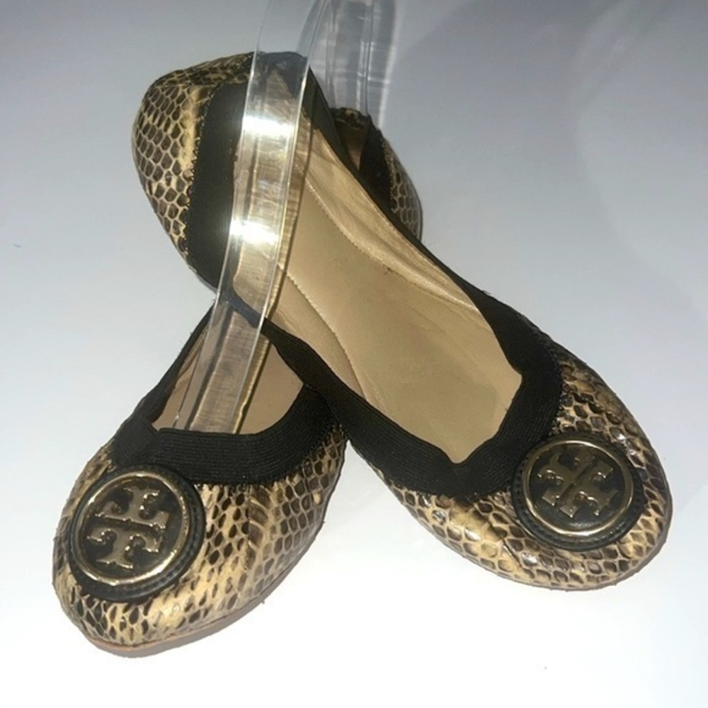 Tory Burch Caroline Snake Print Leather Elastic Logo Ballet Flats Size 6.5M